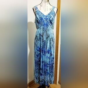 Unity World Wear Blue Paisley Long Maxi Dress Size S Boho Empire Stretch Resort